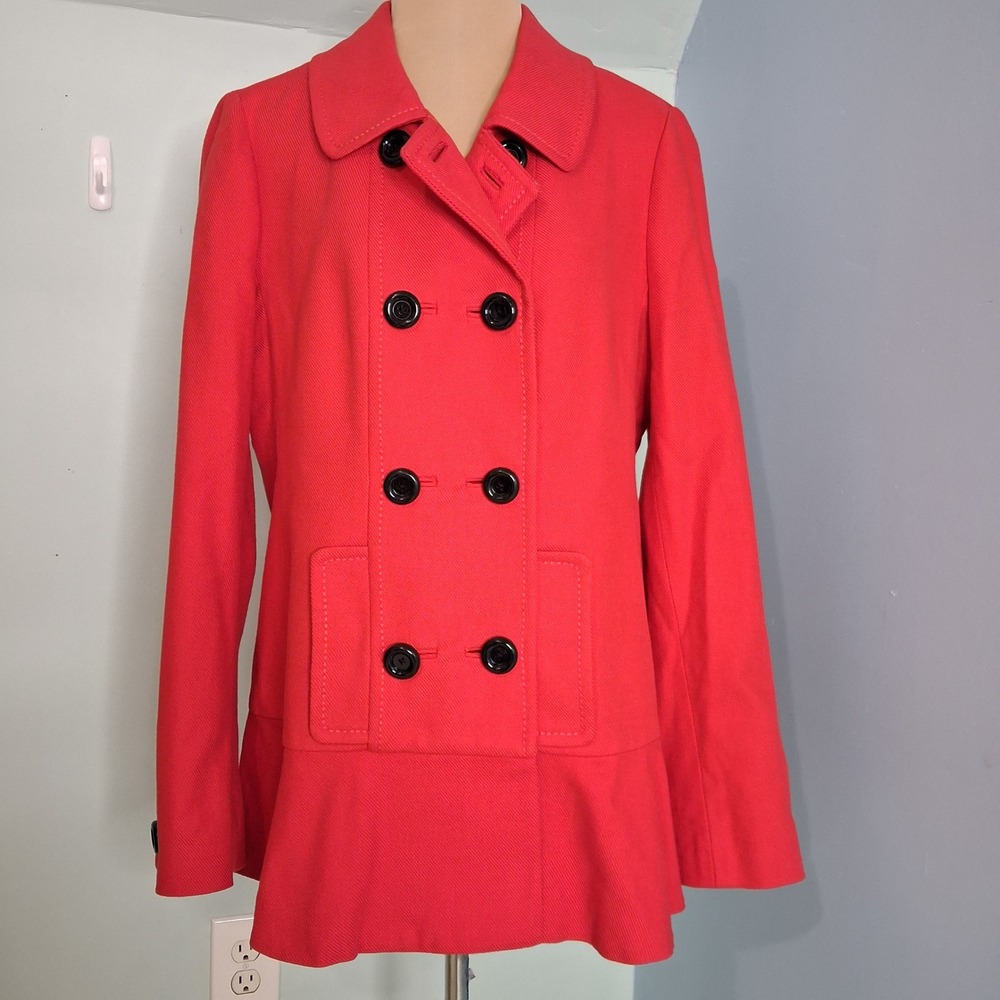 Kate Spade New York Red Ruffle Peplum Double Breasted‎ Peacoat Jacket Small
